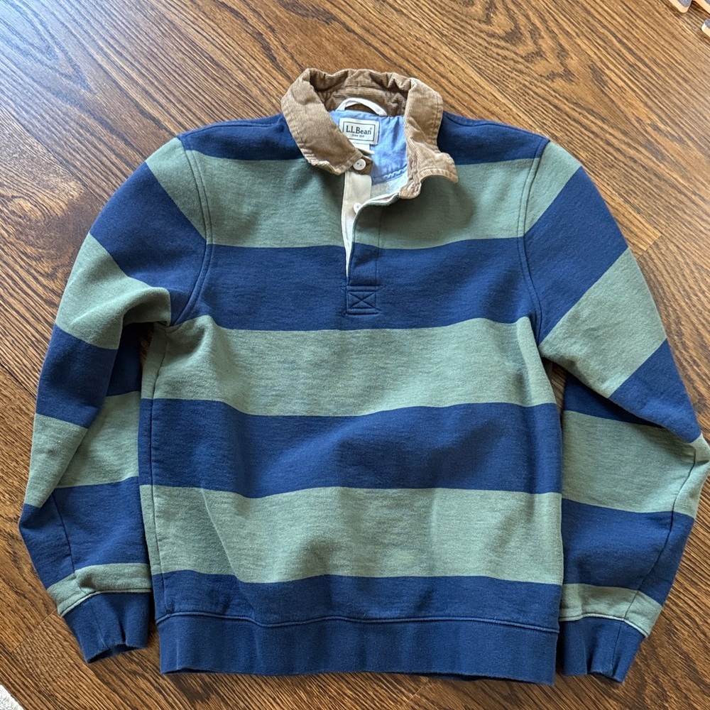 L.L. Bean Men's Crewneck Sweater - Navy and Olive Stripes